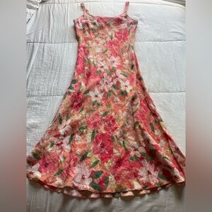 Pink Watercolor Floral Linen Maxi Slip Dress 8 Fairycore Feminine Boho Romantic